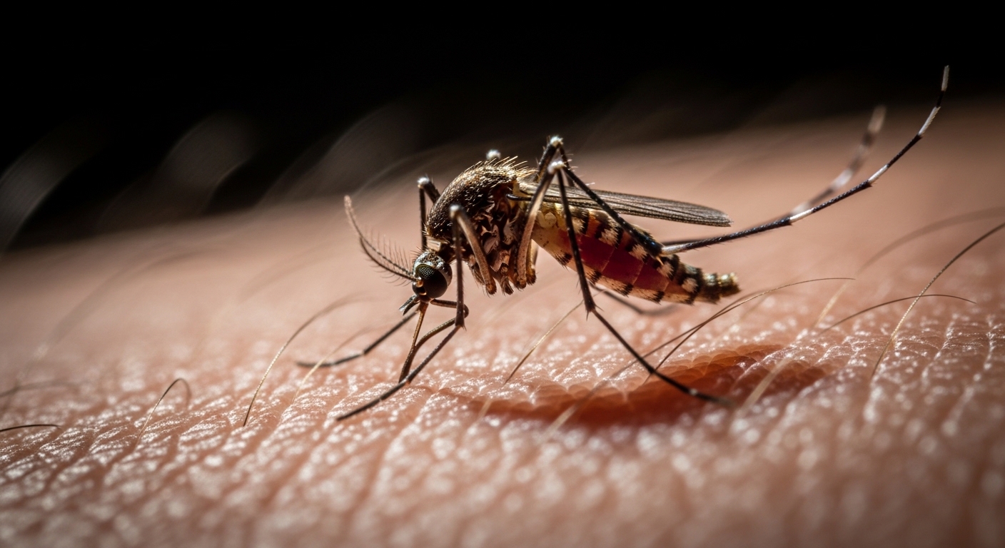 Mosquito em close extremo sobre pele humana