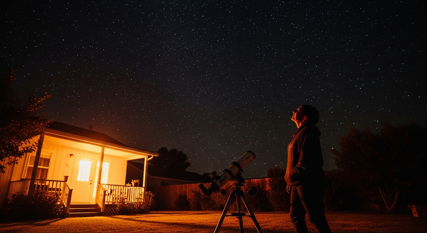 Person using backyard telescope to observe night sky