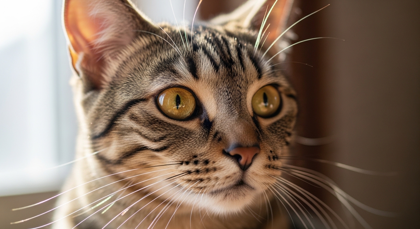 close-up of cat with wide eyes and forward whiskers