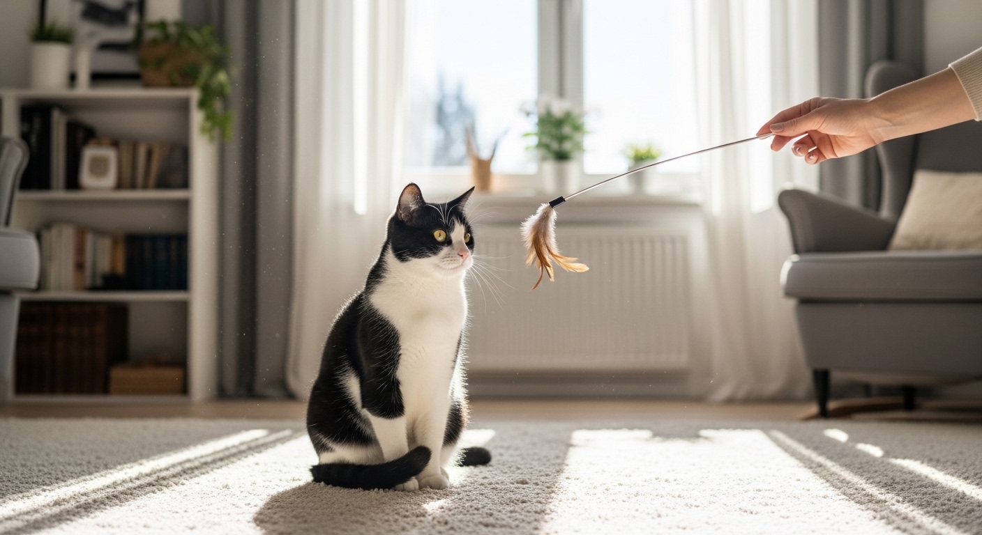 owner offering feather toy to distract a wall-staring cat