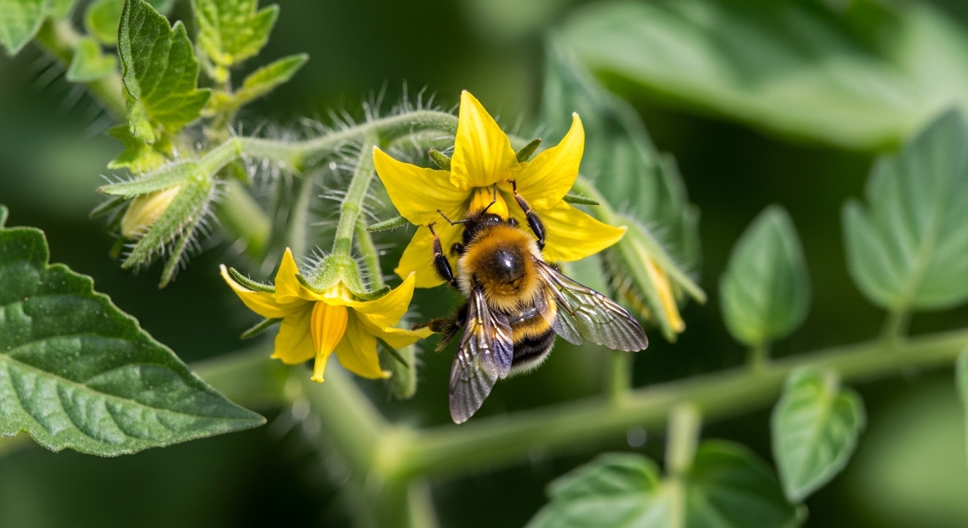 Hummel auf Tomatenblüte bei Buzz Pollination