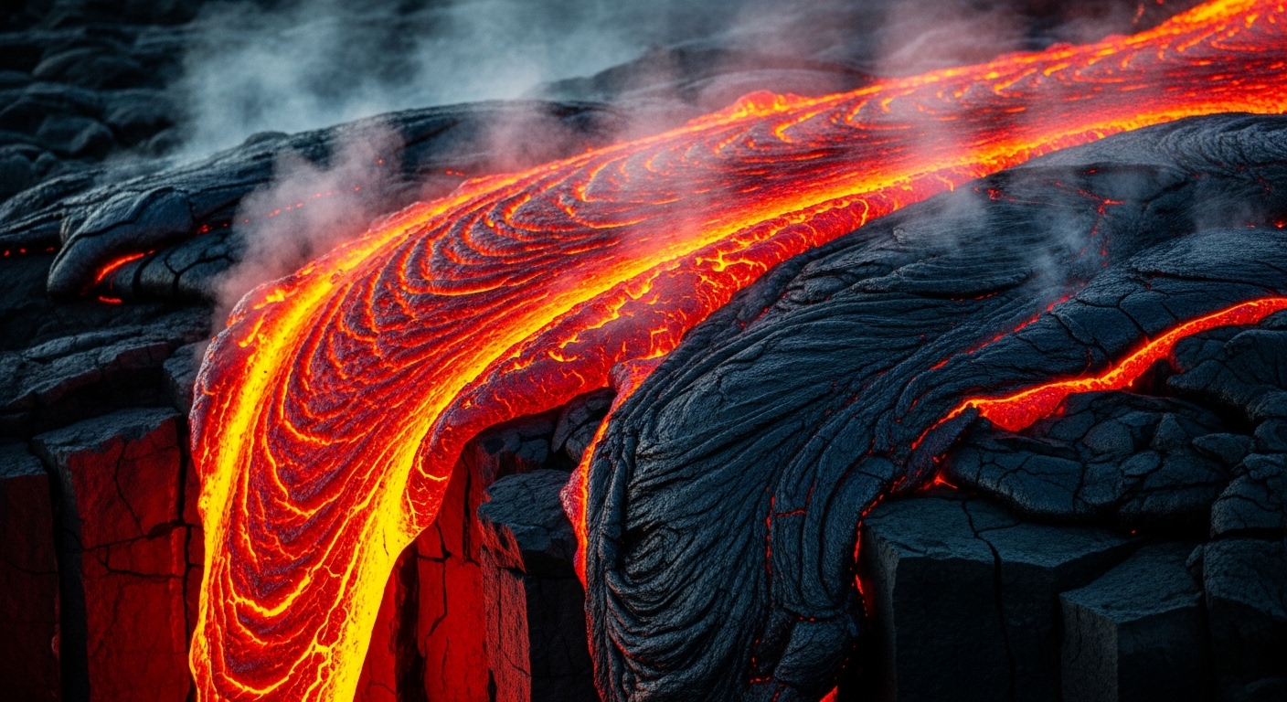Aliran lava merah membara di atas batuan basalt hitam