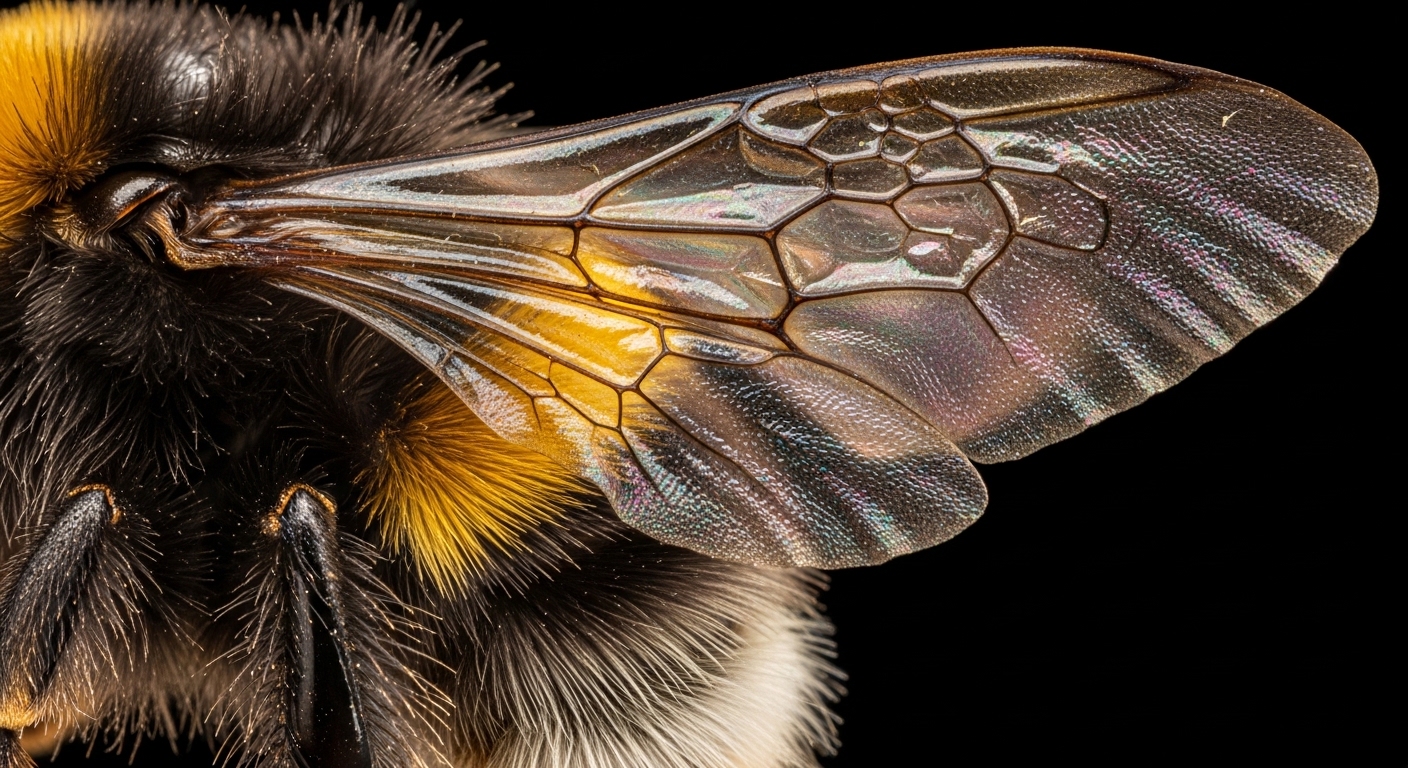 Nahaufnahme der transparenten Flügelstruktur einer Hummel