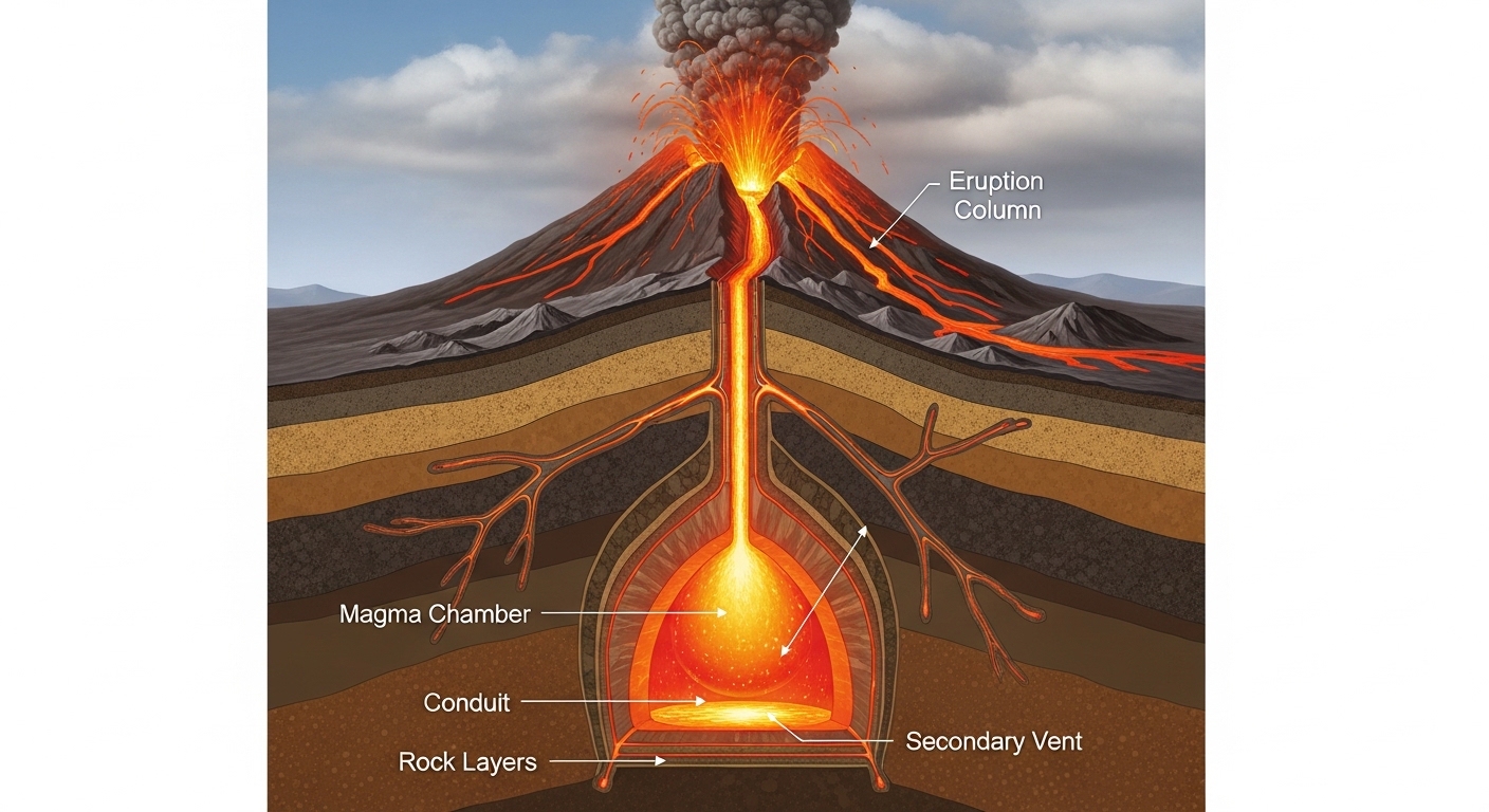 Diagram penampang melintang struktur dalam gunung berapi