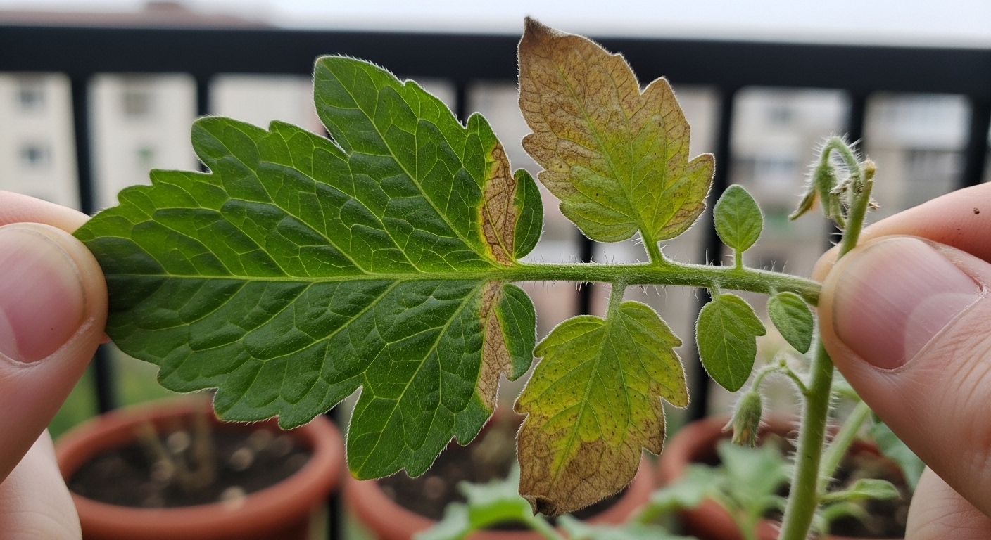 Tomato leaf showing early blight symptoms held against a balcony background