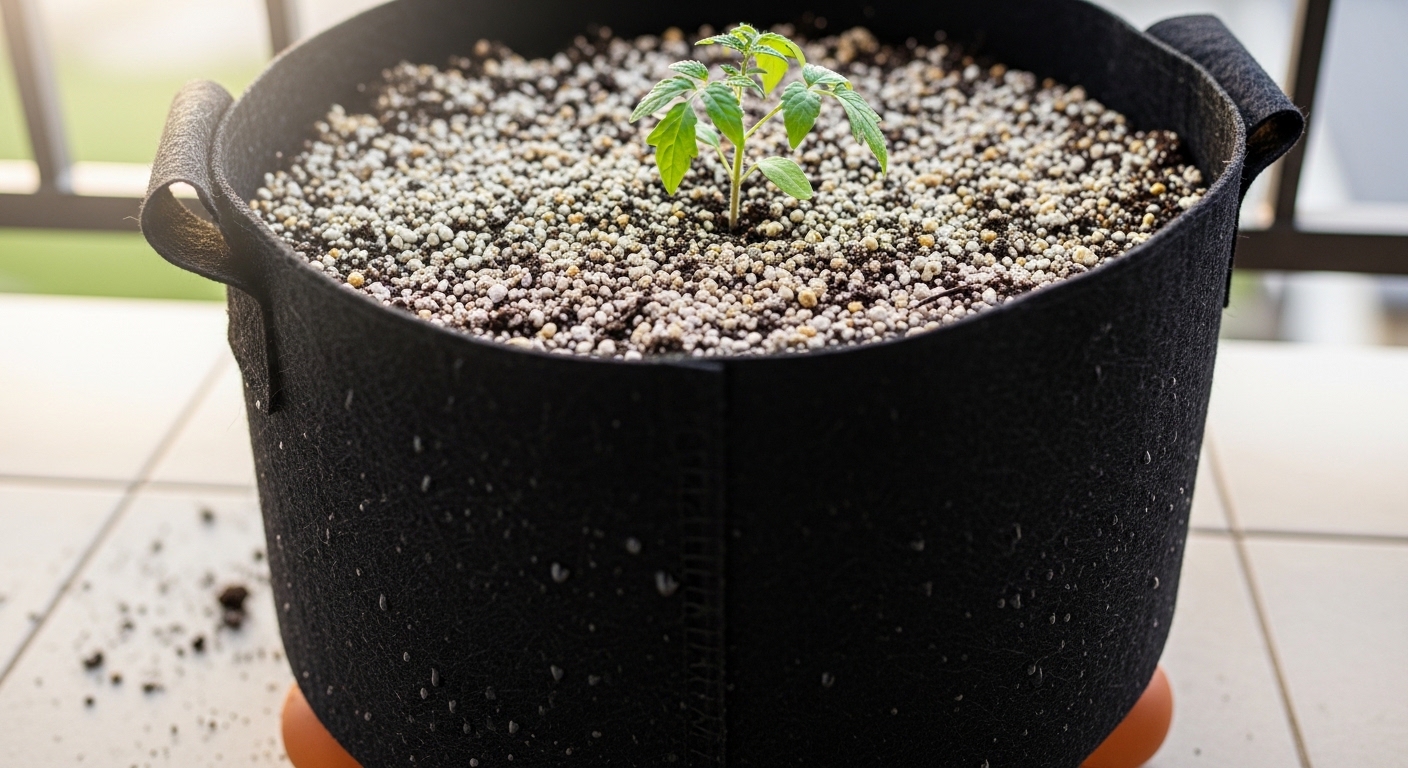 Young tomato seedling planted in a large fabric grow bag on a balcony