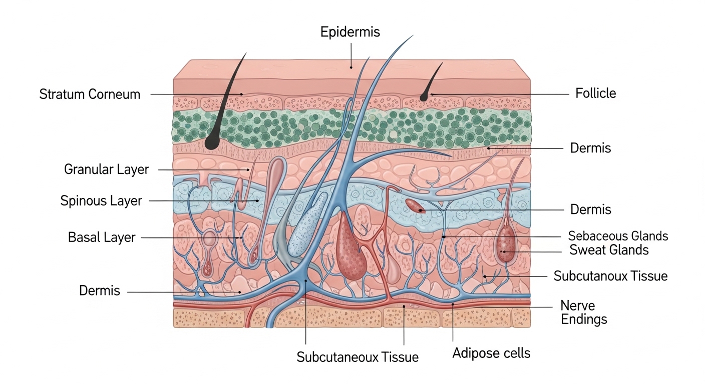 Ilustração do microbioma bacteriano na superfície da pele humana