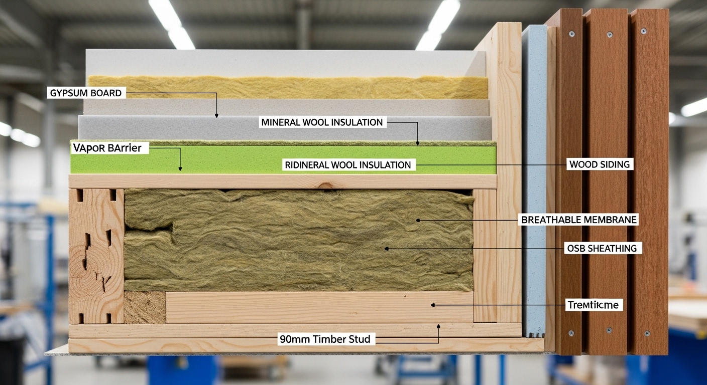 Sección transversal de panel prefabricado con capas de aislamiento