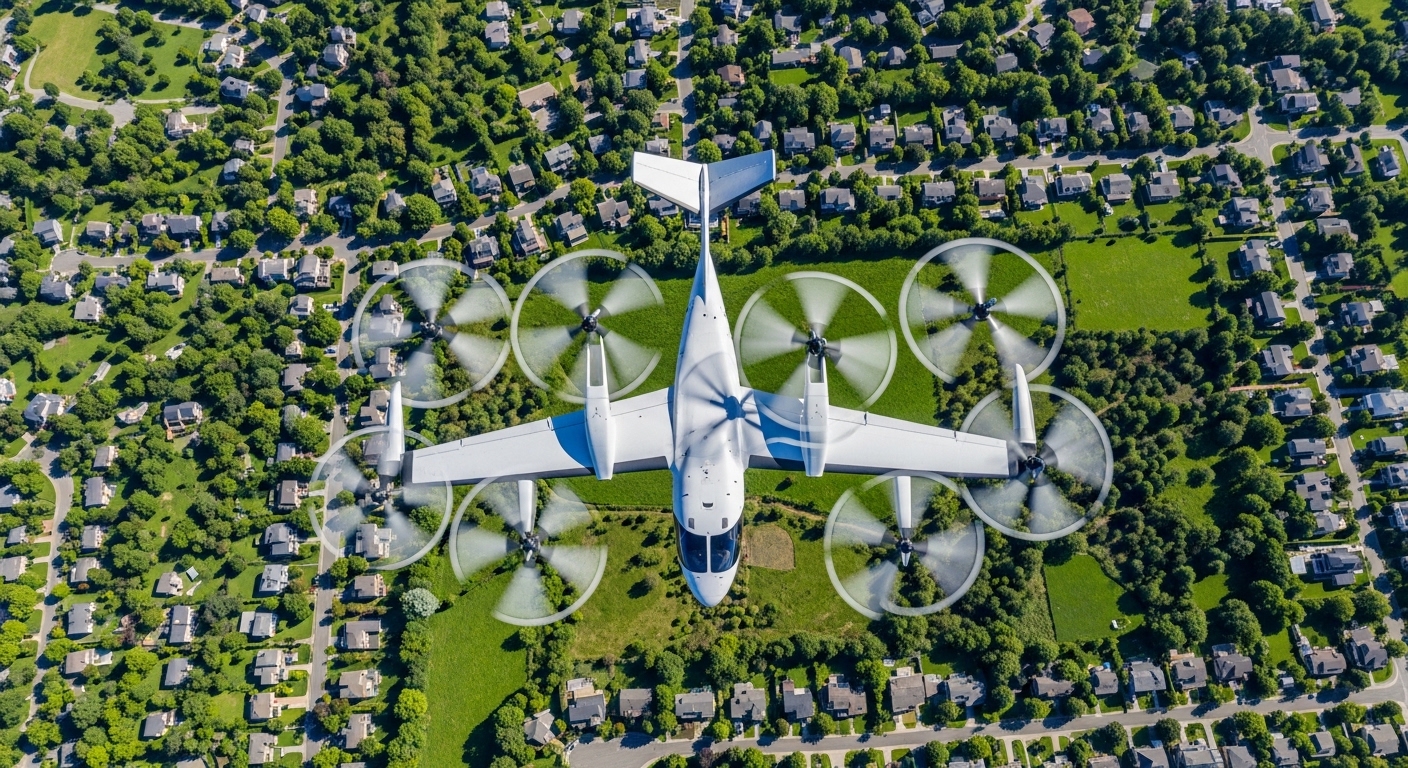 Overhead aerial view of eVTOL flying over suburban area
