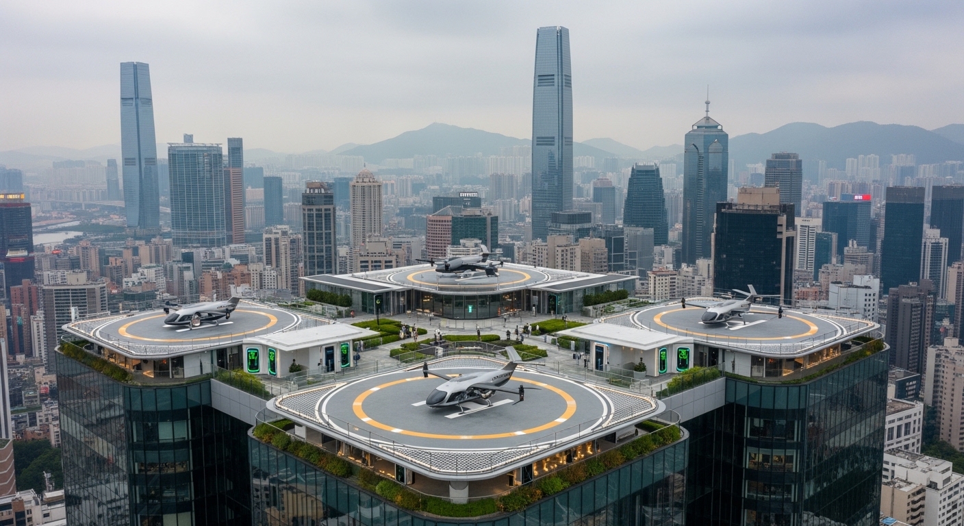 eVTOL vertiport on urban rooftop with landing pads