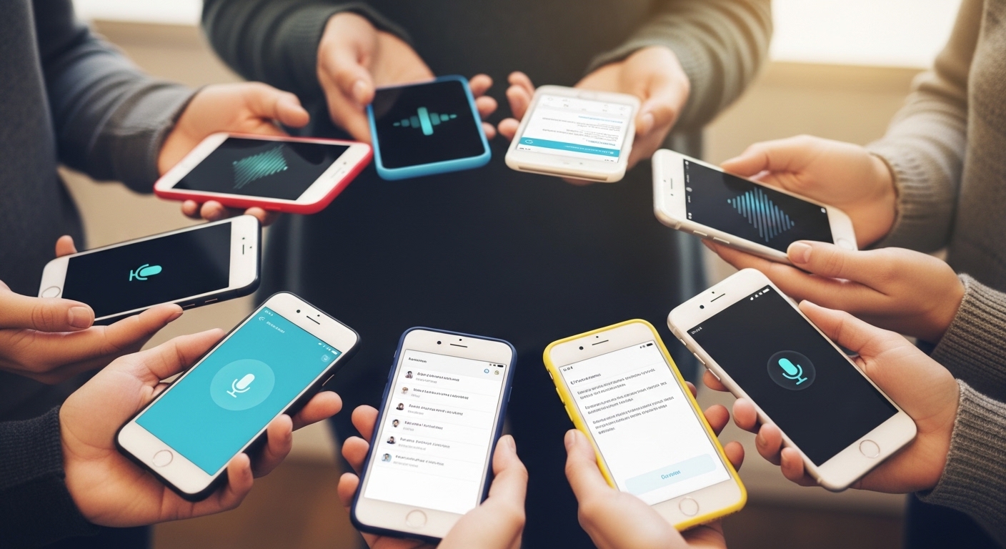 Diverse hands holding smartphones with voice assistant interfaces