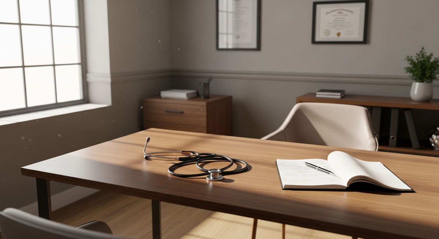Mesa de consultório médico com estetoscópio e bloco de notas