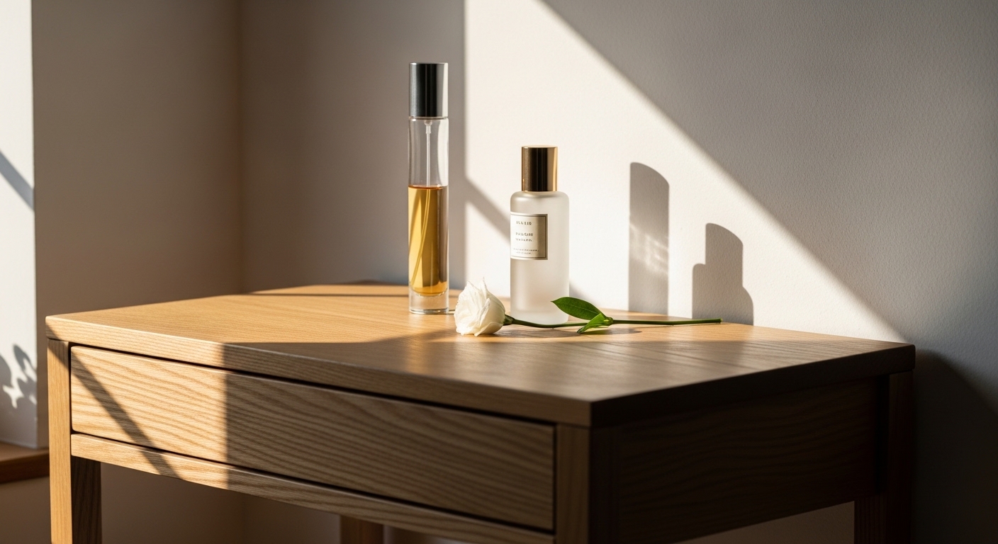 Meja rias minimalis dengan botol parfum dan bunga