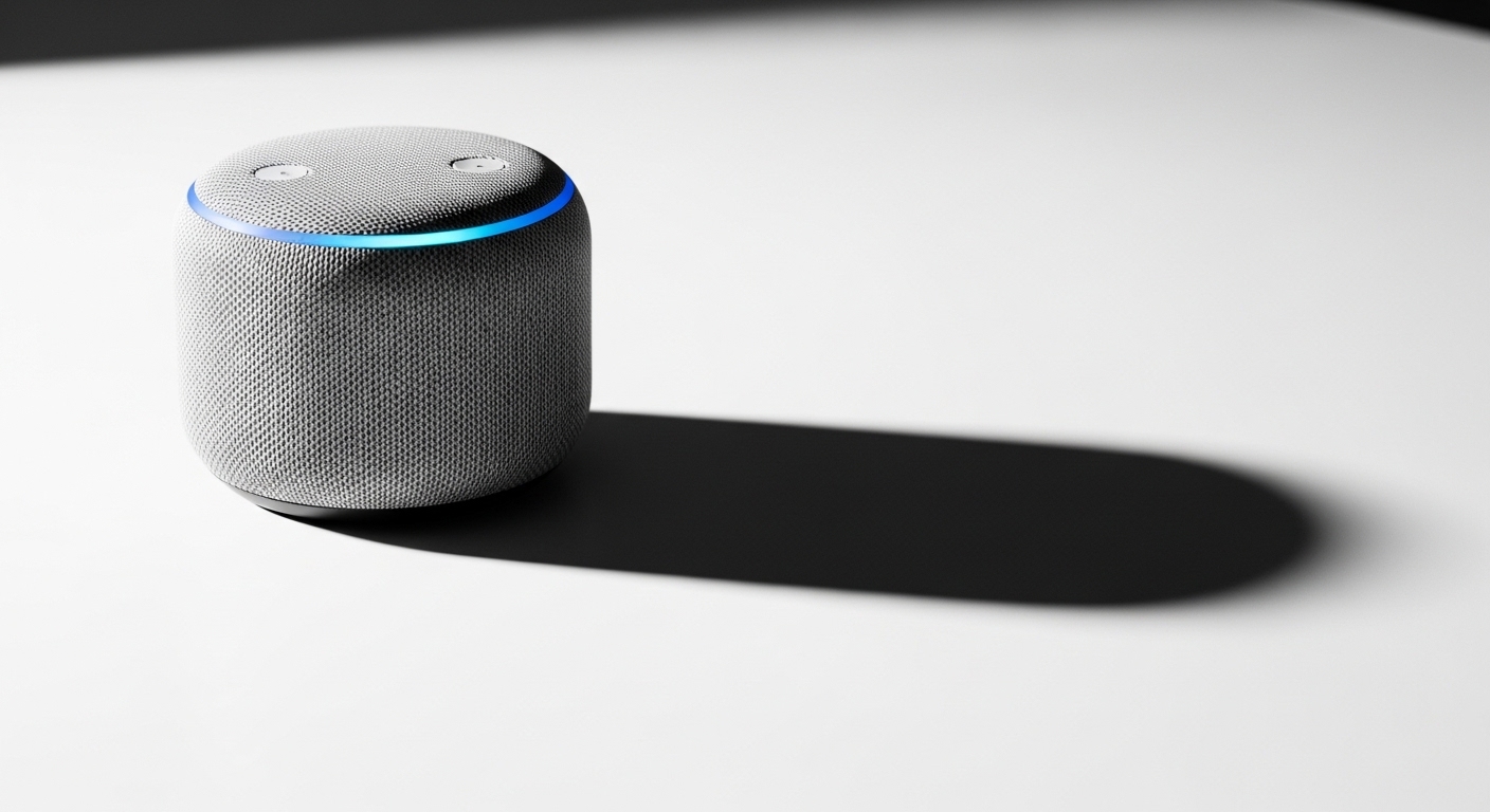 Smart speaker with dramatic side lighting on white surface