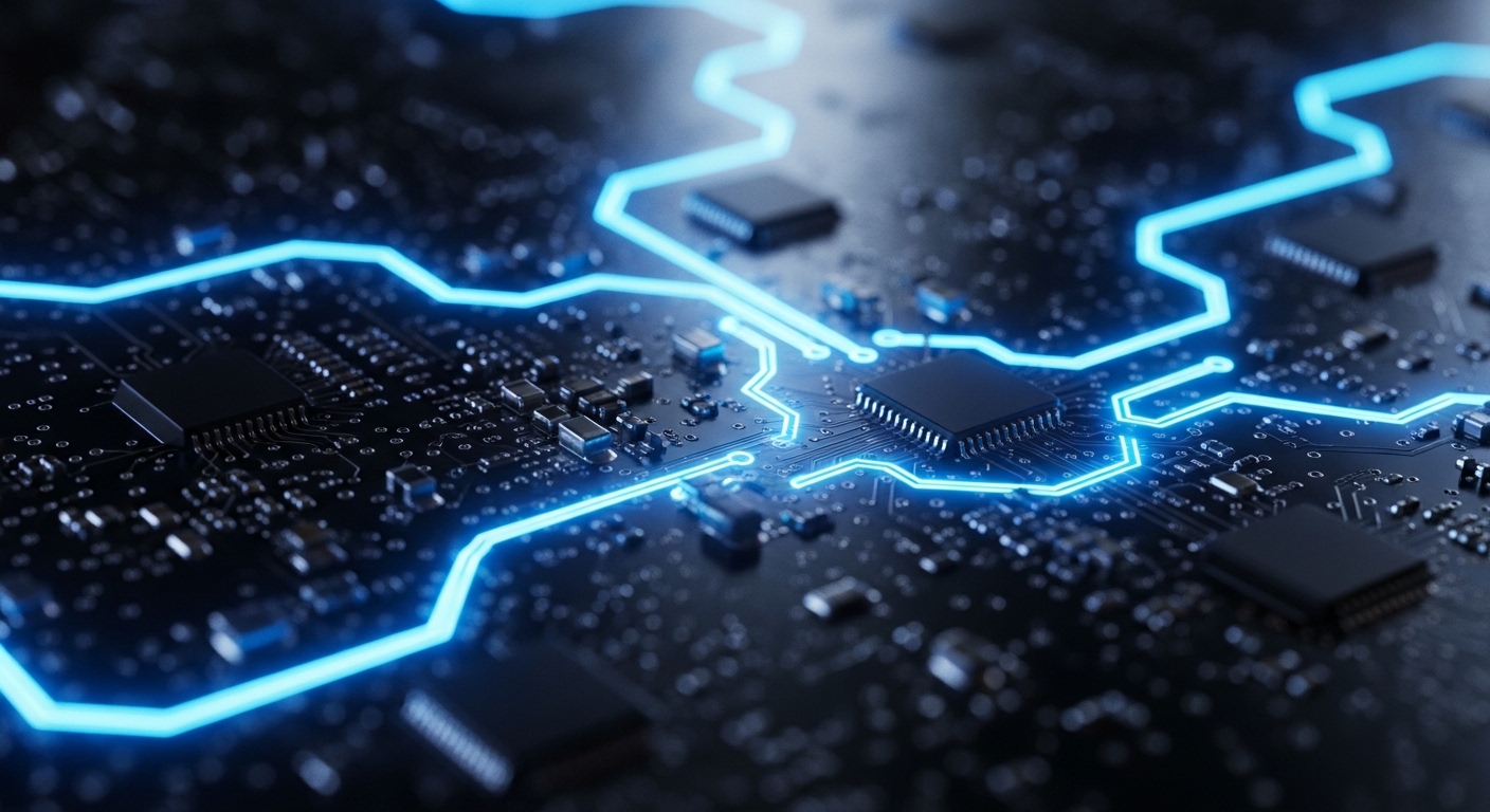 Neural network data flow visualized on a circuit board