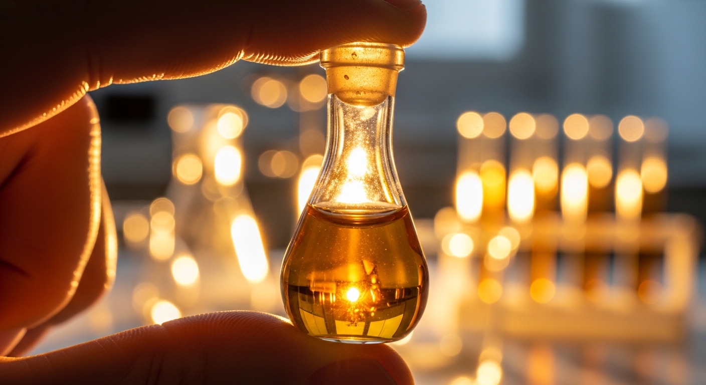 Vial kecil berisi minyak parfum musky berwarna amber
