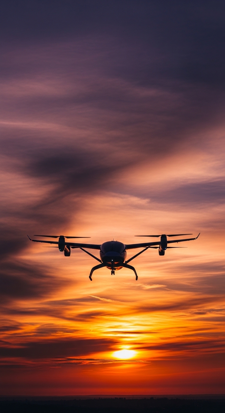 eVTOL aircraft silhouette against dramatic sunset sky