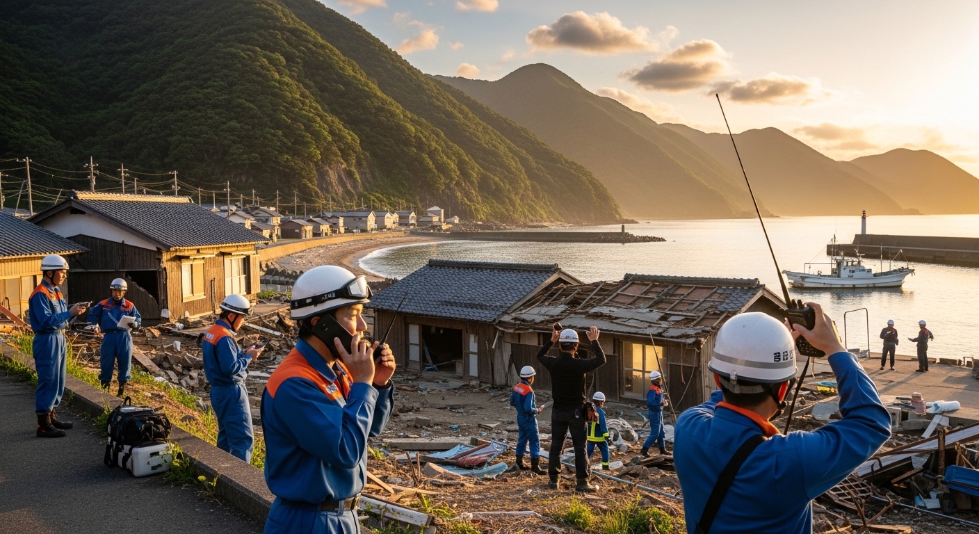 被災地で通信機器を使う救助隊員