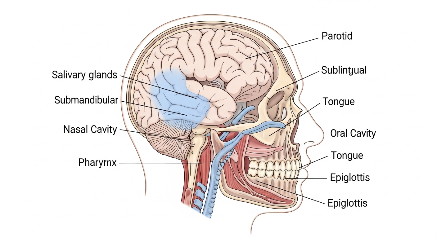 Diagrama das glândulas salivares e vias aéreas humanas