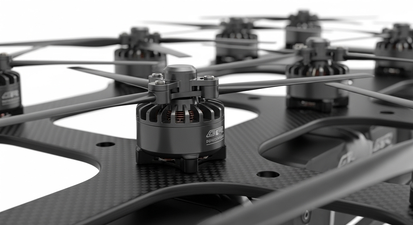 Close-up of eVTOL electric rotors and carbon fiber blades