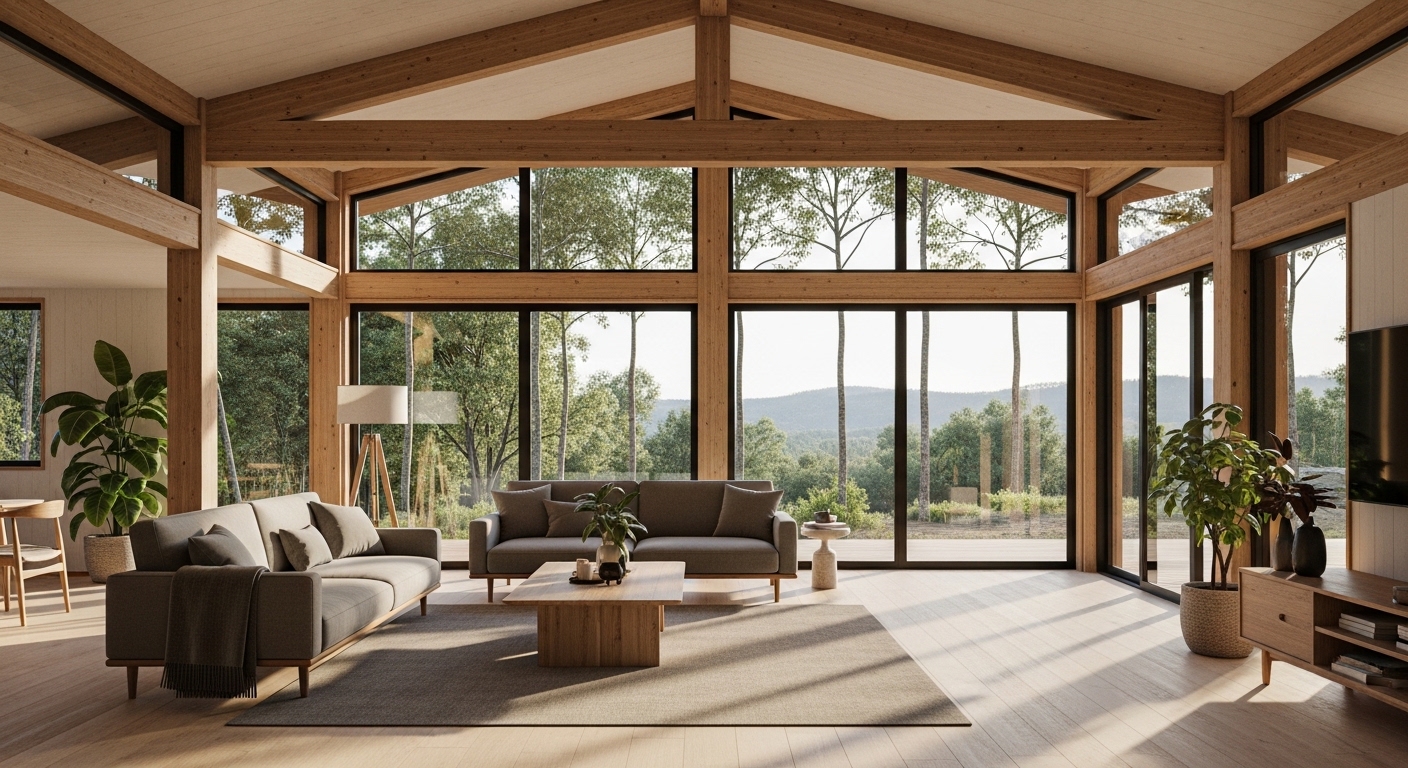 Interior luminoso de casa prefabricada con vigas de madera vista