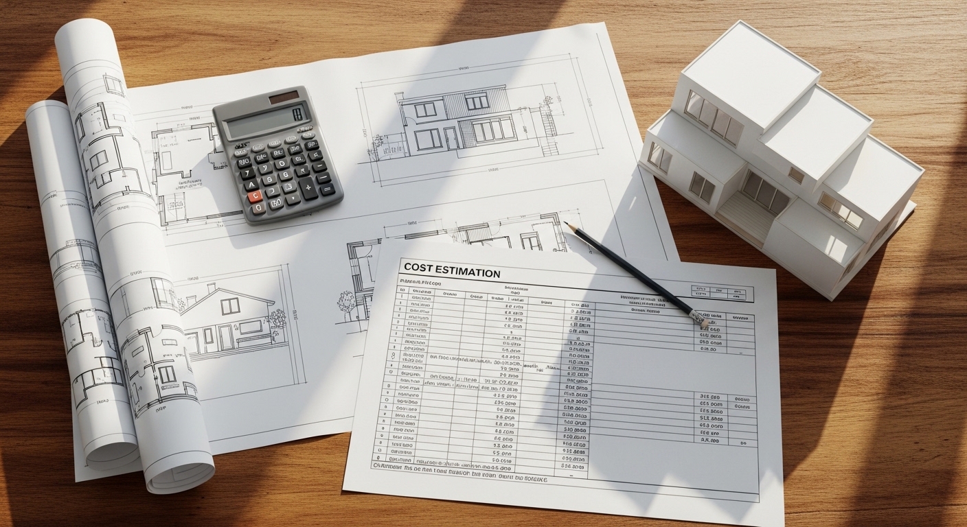 Planos y presupuesto de casa prefabricada sobre mesa de trabajo
