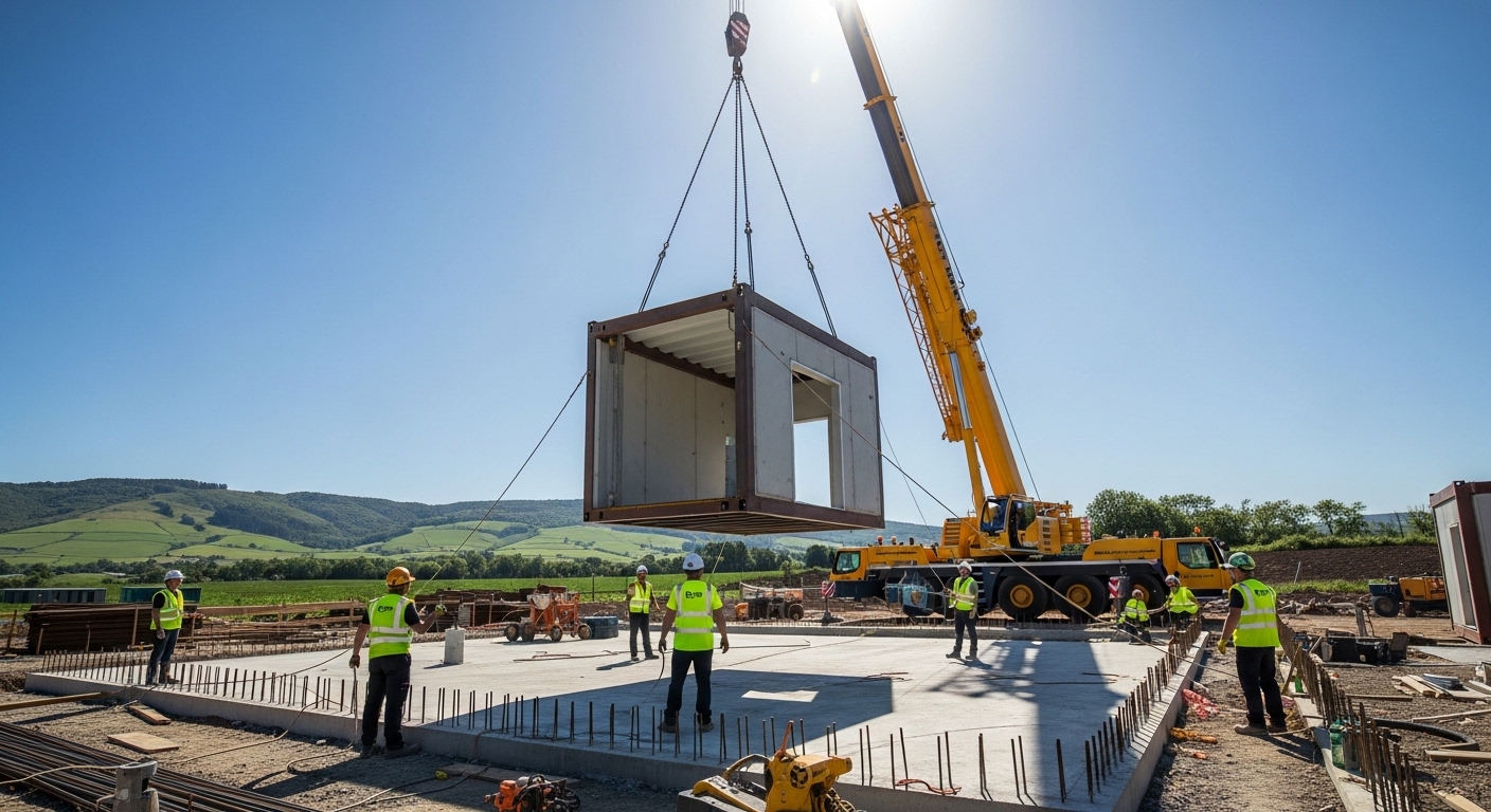 Grúa colocando módulo prefabricado sobre cimentación en obra