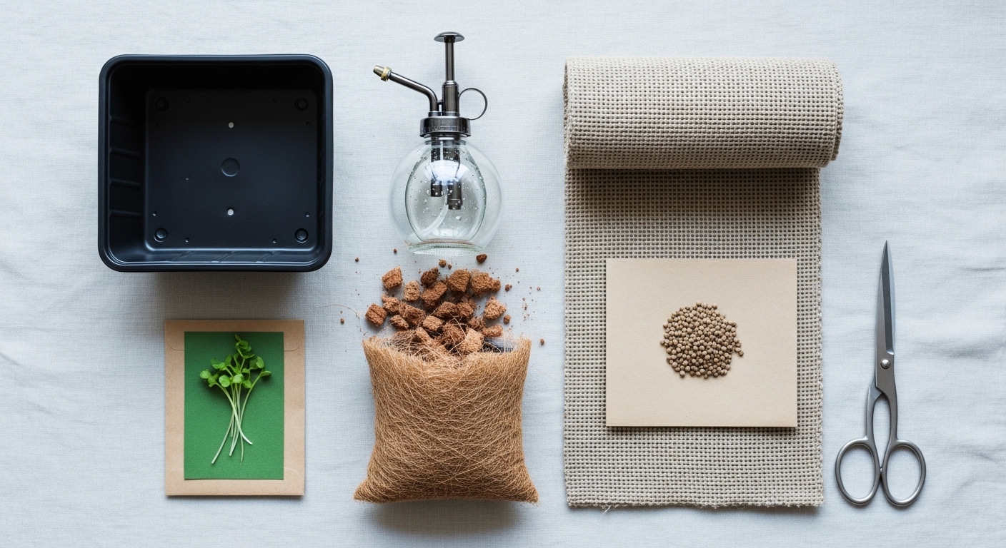 Overhead flat lay of microgreen growing supplies on linen.