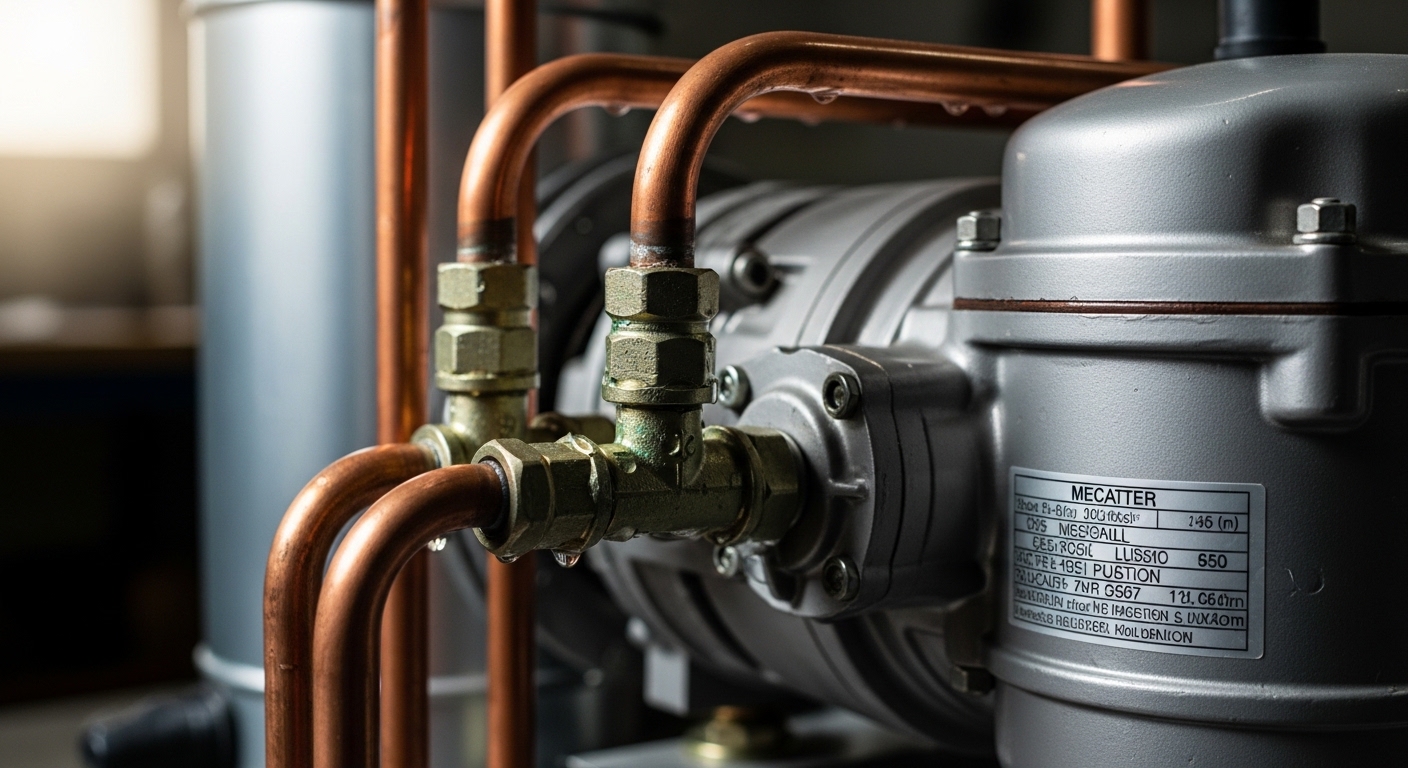 Kupferleitungen und Kompressor einer Wärmepumpe