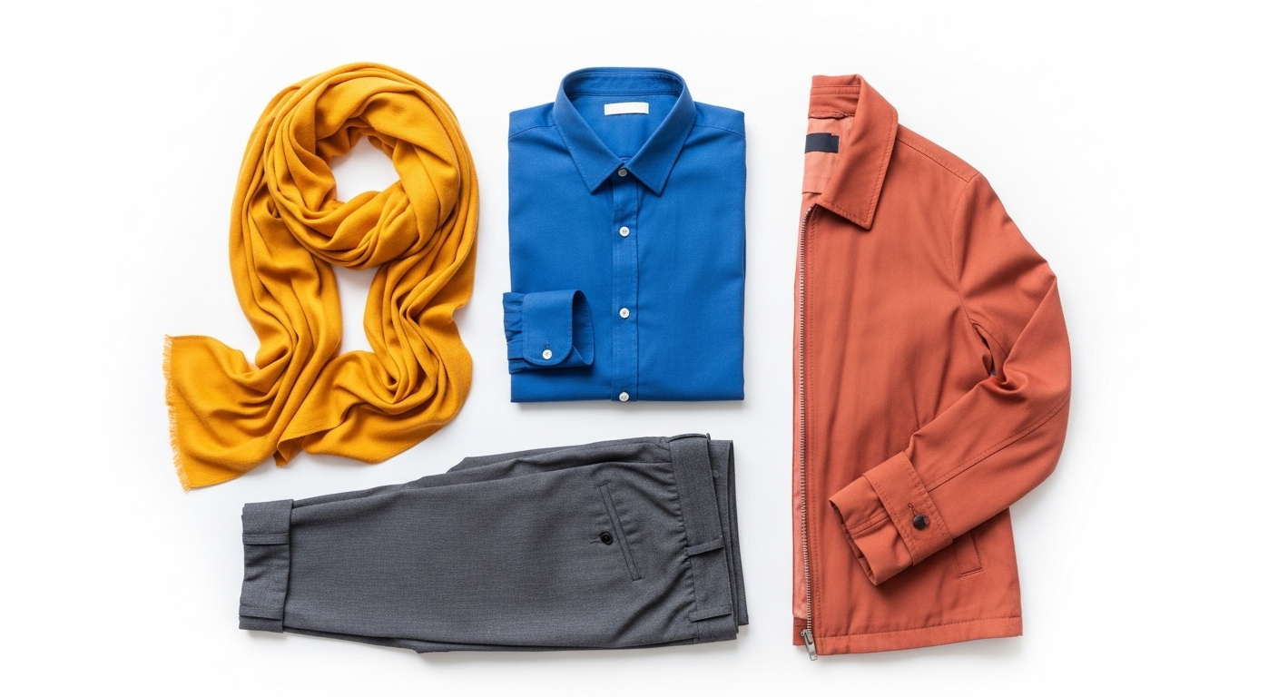 Flat lay de roupas coloridas em fundo branco