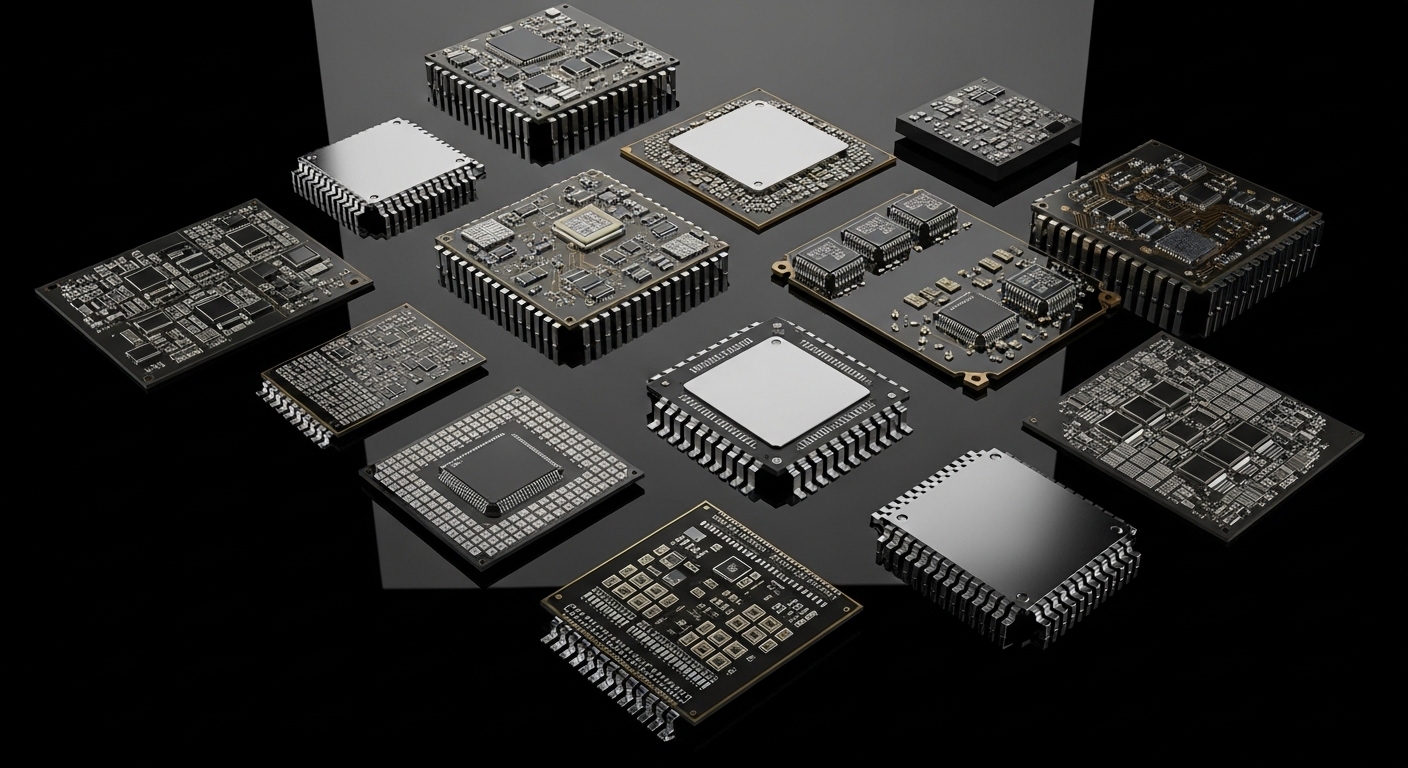 Multiple semiconductor chips overhead view reflective surface