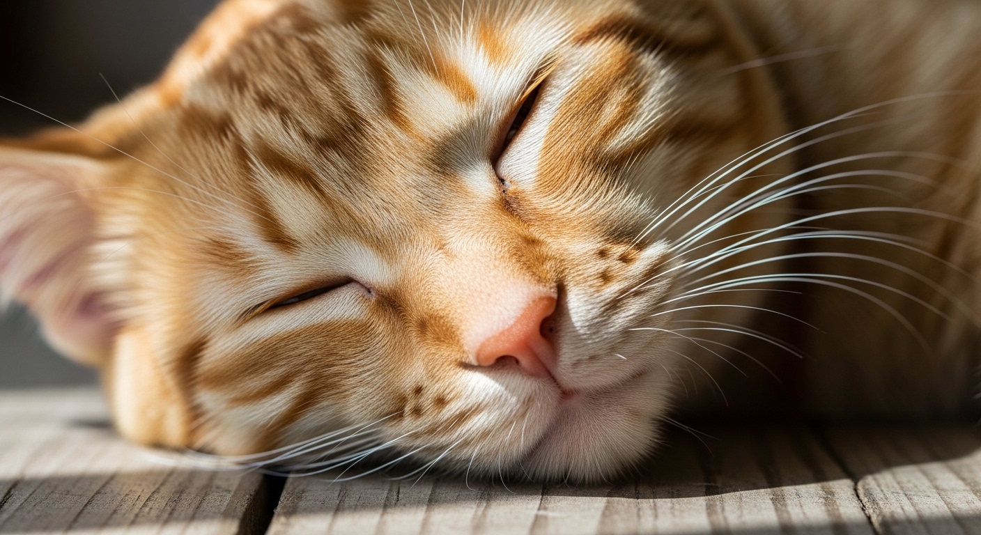 close-up of sleeping orange tabby cat face with whiskers