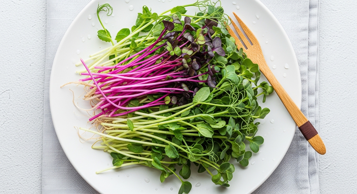 Mixed microgreens on a white ceramic plate after harvesting.