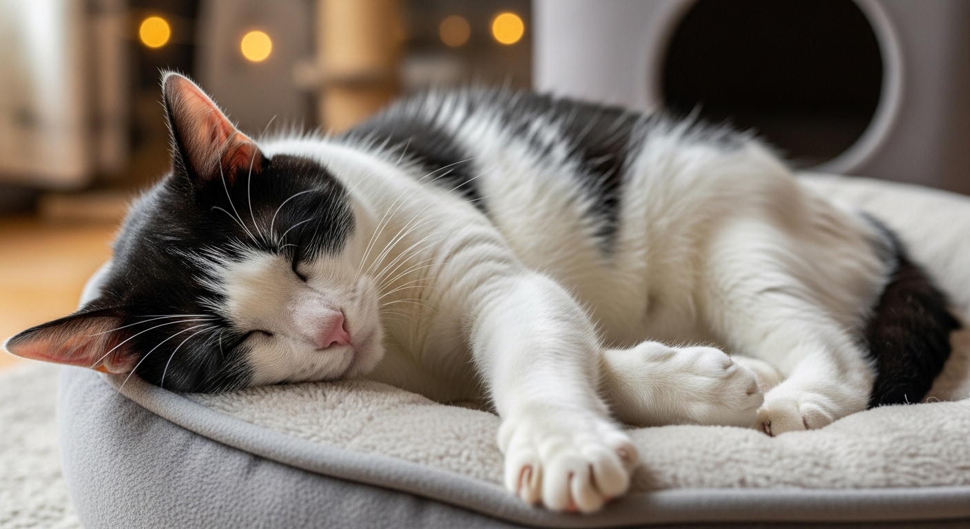 black and white cat in REM sleep with twitching paws
