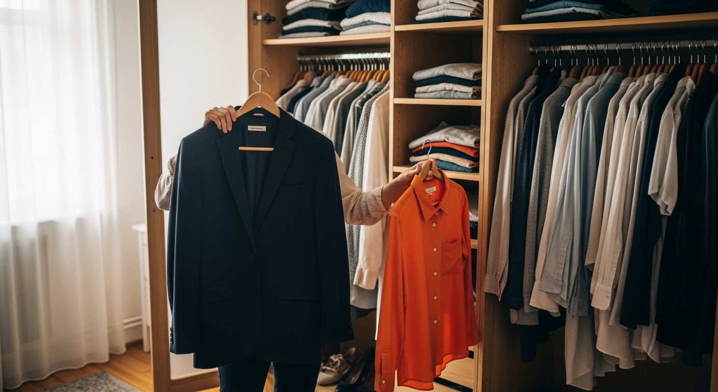 Pessoa escolhendo roupa em guarda-roupa aberto