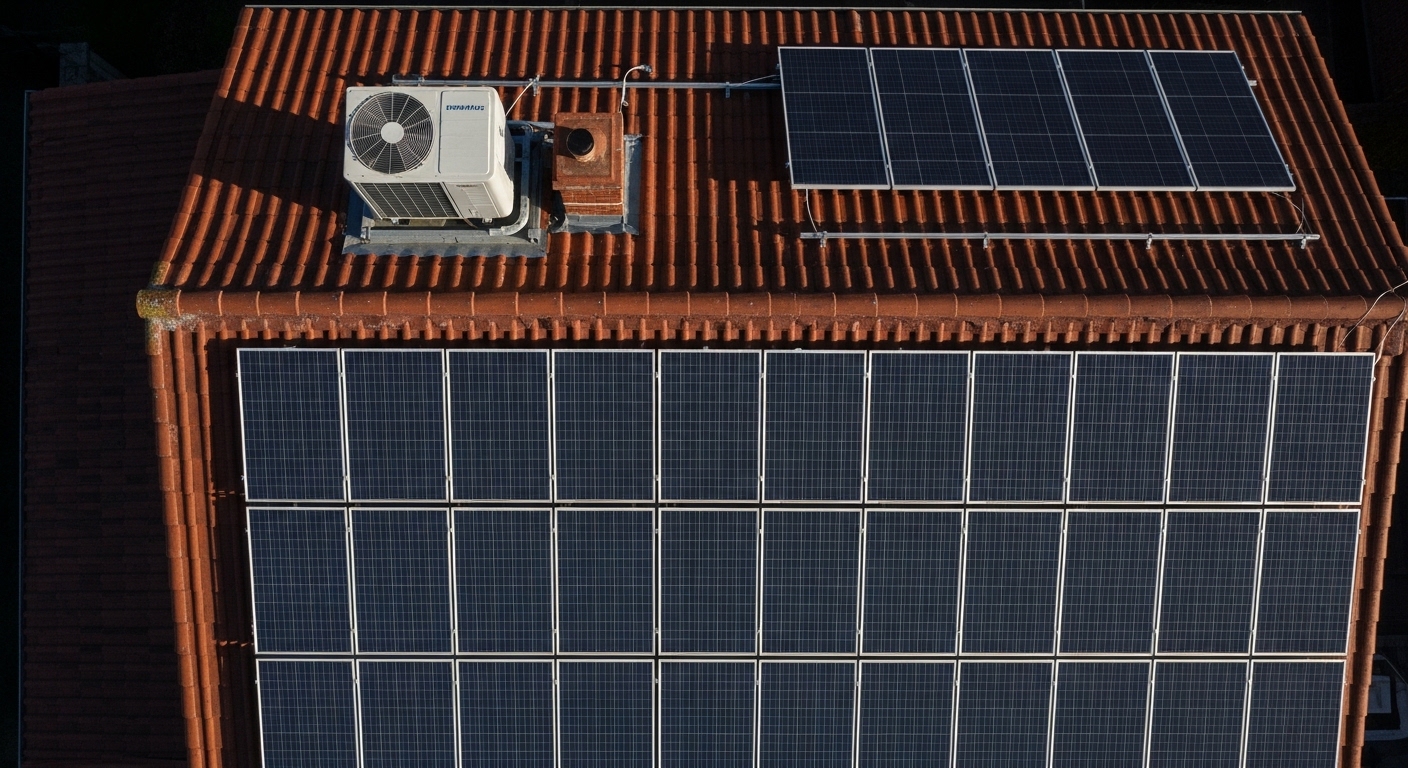 Solarpanele und Wärmepumpe auf einem Hausdach