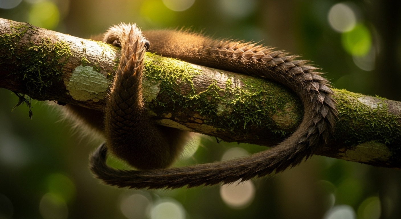 Queue d'un primate s'enroulant autour d'une branche en forêt tropicale