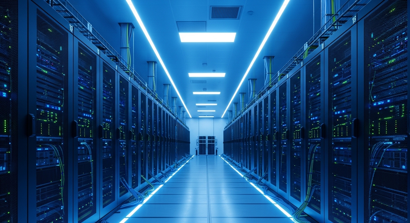 Modern data center server racks blue lighting