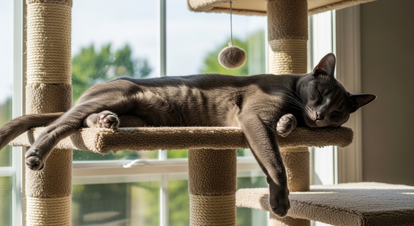 grey cat stretched out sleeping on tall cat tree by window