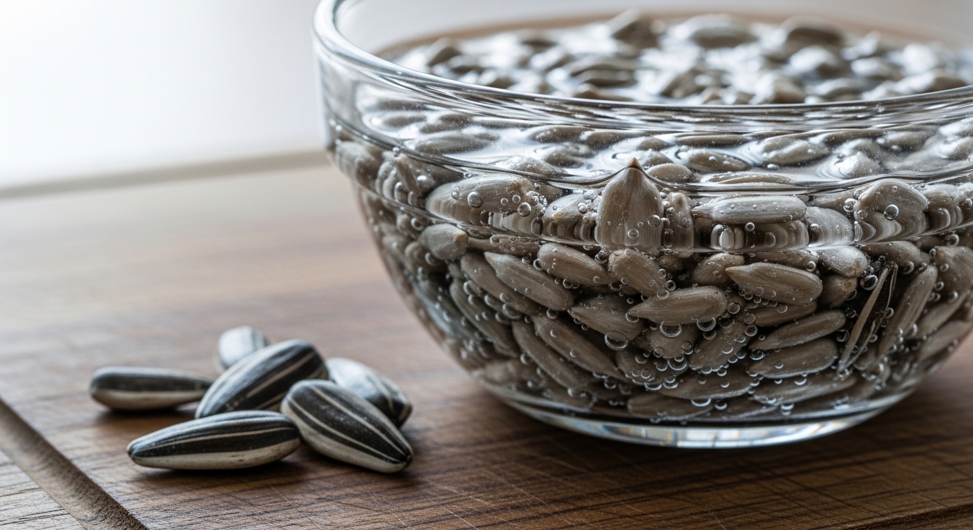 Sunflower seeds soaking in a glass bowl on a wooden board.