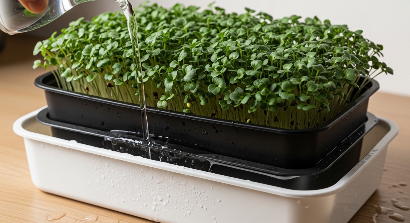 Bottom-watering broccoli microgreens in a double-tray setup.