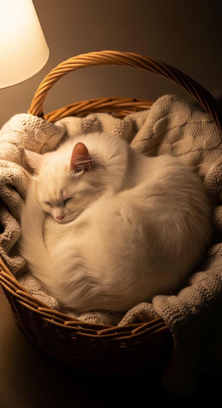 fluffy white cat sleeping in cozy wicker basket with blanket