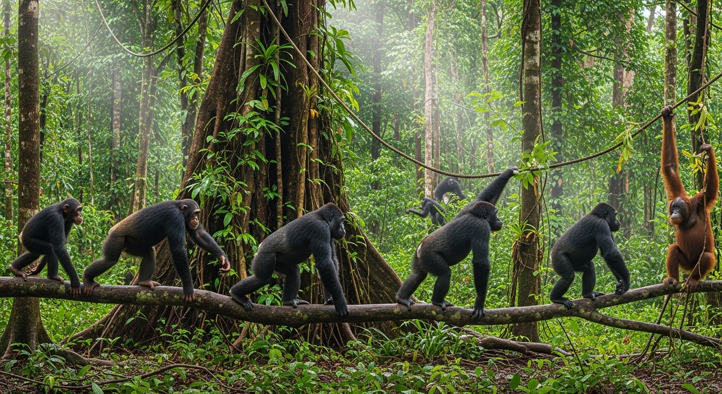 Grands singes se déplaçant en position verticale dans une forêt dense