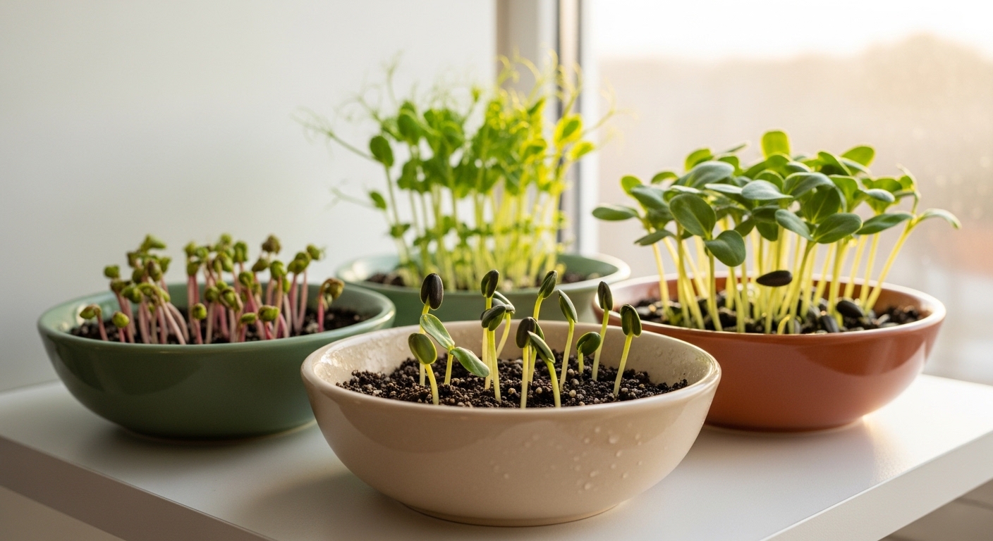 Three ceramic dishes with radish, pea, and sunflower microgreens on a shelf.