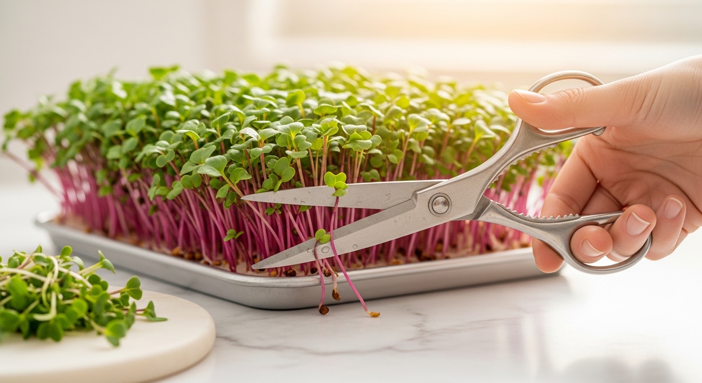 Harvesting radish microgreens with scissors on a marble counter.