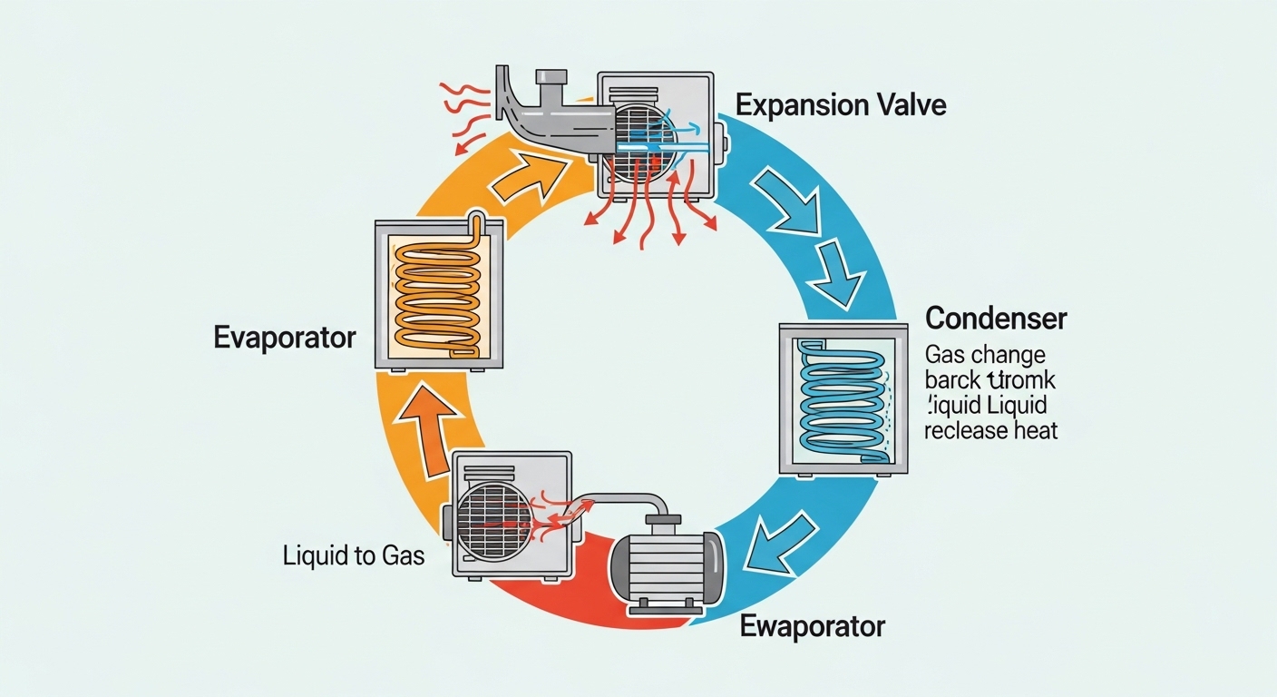 Schematische Darstellung des Kältekreislaufs einer Wärmepumpe