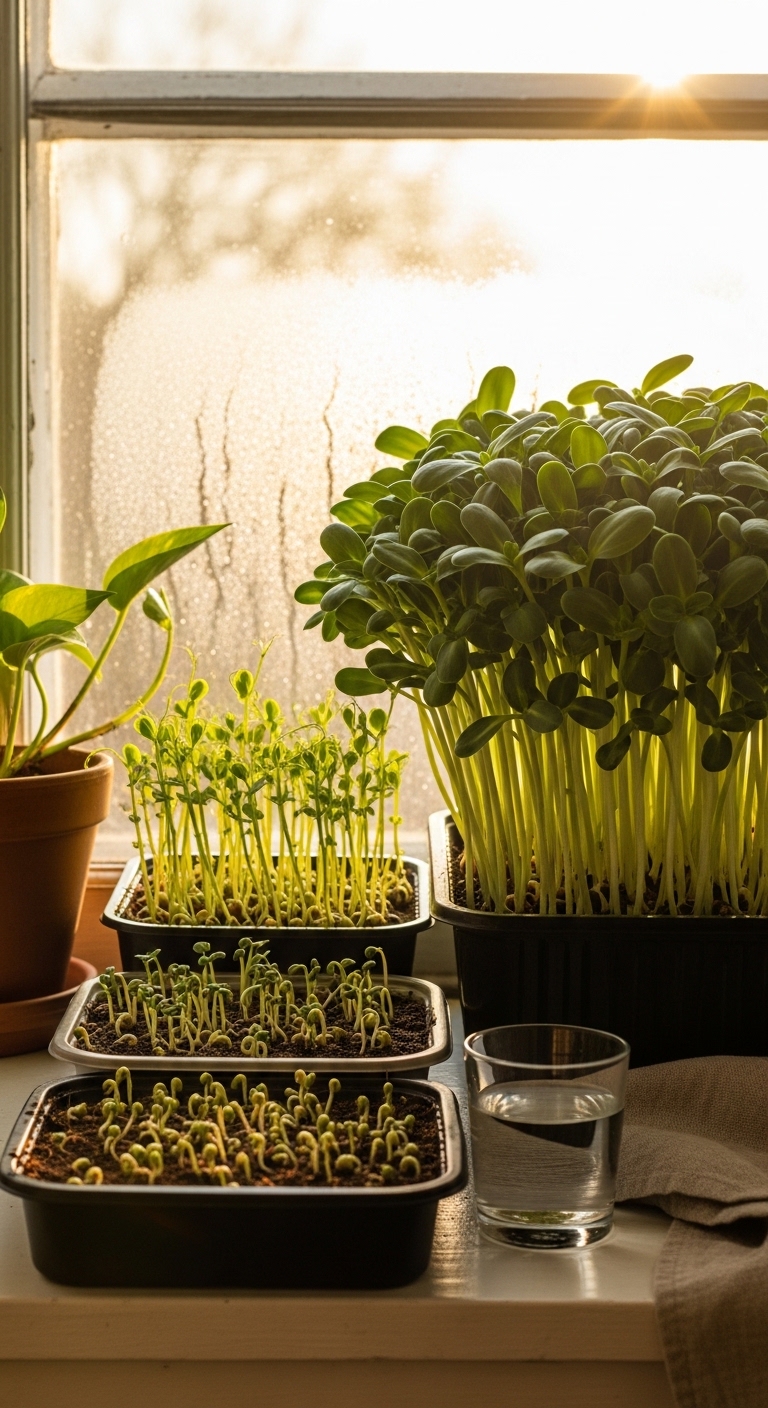 Three microgreen trays at different growth stages on a sunny windowsill.