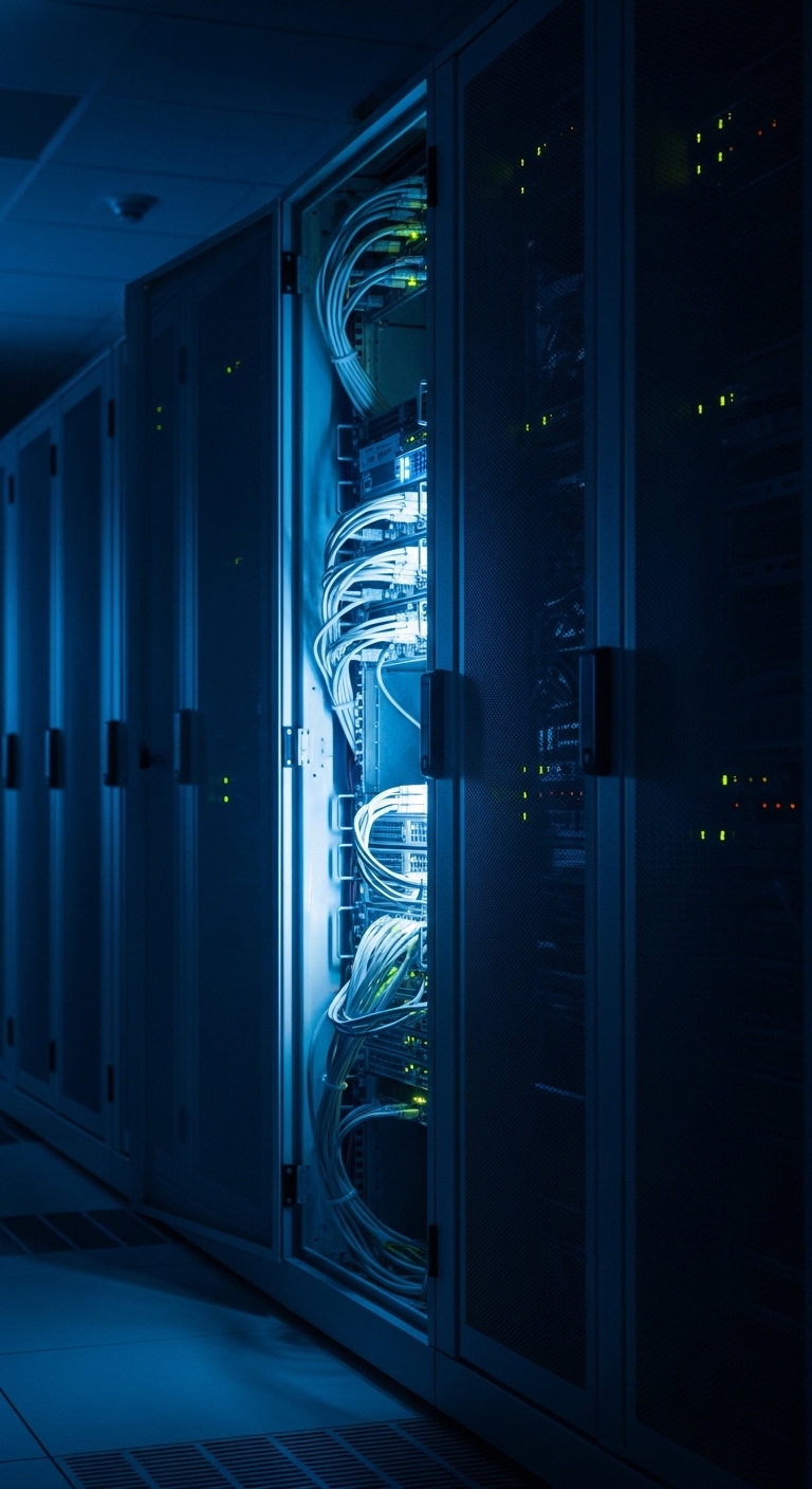 Rack de servidor iluminado em corredor escuro de data center