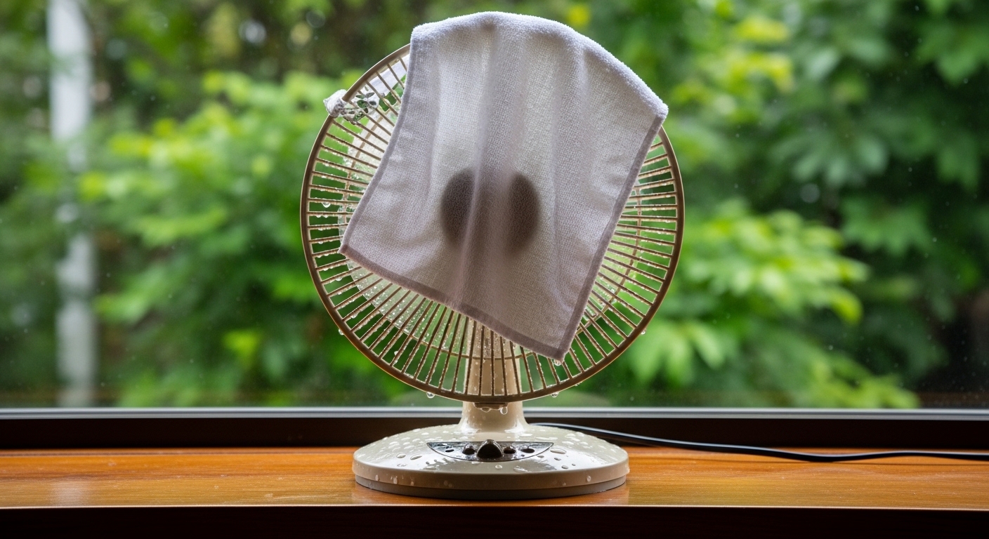 Ventilator mit feuchtem Tuch zur Verdunstungskühlung