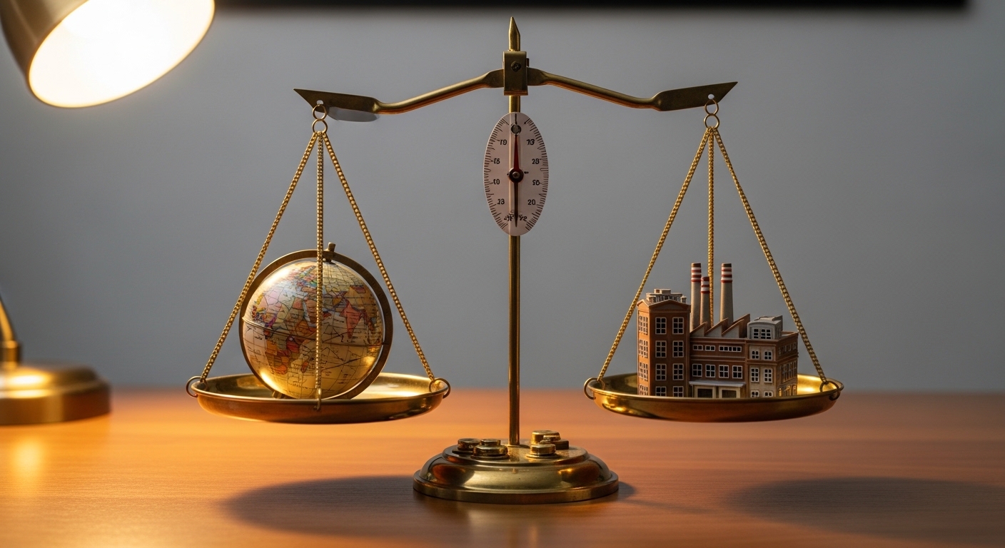 Balance symbolisant le choix entre délocalisation et production locale